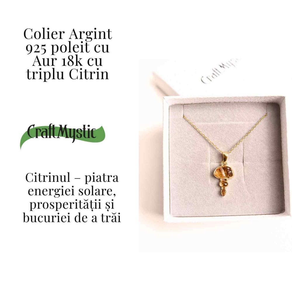 Energie Pozitiva si Prosperitate –Colier inox si pandantiv argint 925 placat cu aur de18k si Triplu Citrin [3]