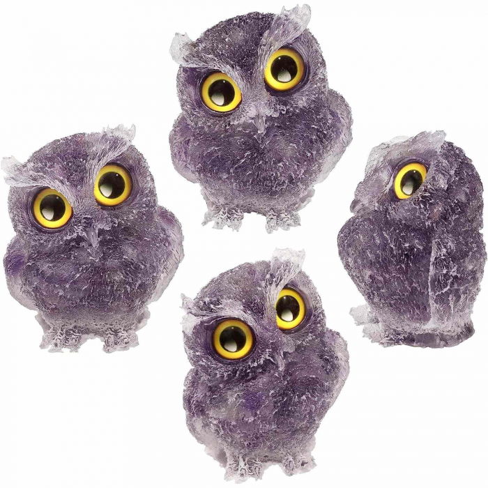 Figurina bufnita 75mm din rasina si pietre semipretioase Ametist - Decor pentru interior si exterior sculptata manual [5]