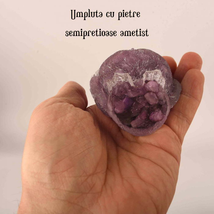 Figurina bufnita 75mm din rasina si pietre semipretioase Ametist - Decor pentru interior si exterior sculptata manual [3]