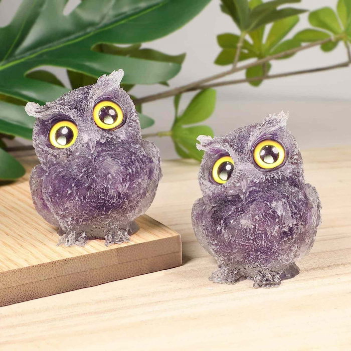 Figurina bufnita 75mm din rasina si pietre semipretioase Ametist - Decor pentru interior si exterior sculptata manual [6]