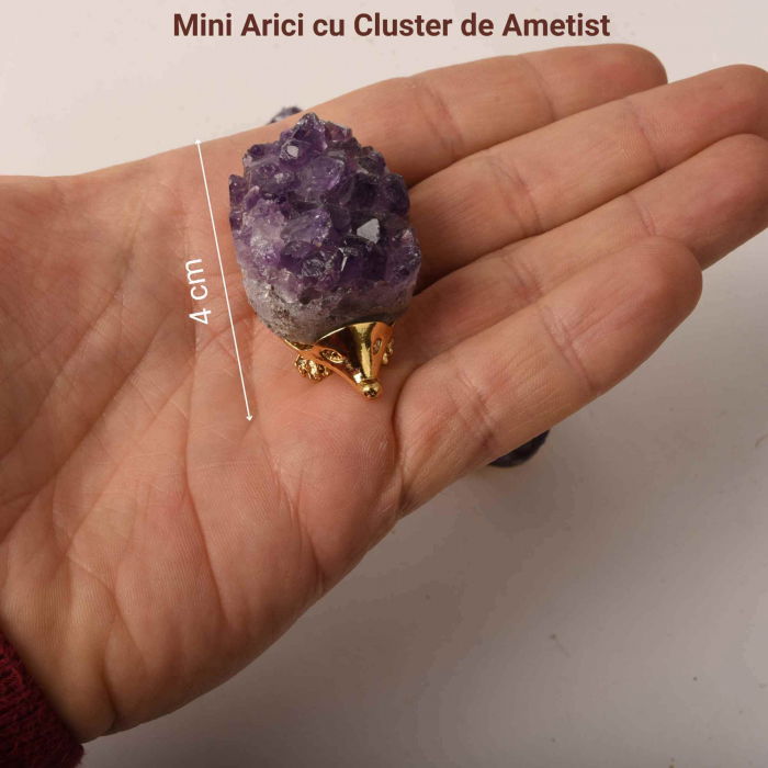 Arici Decorativ de 4 cm cu Cluster de Ametist Natural in Culorile Auriu si Argintiu [3]