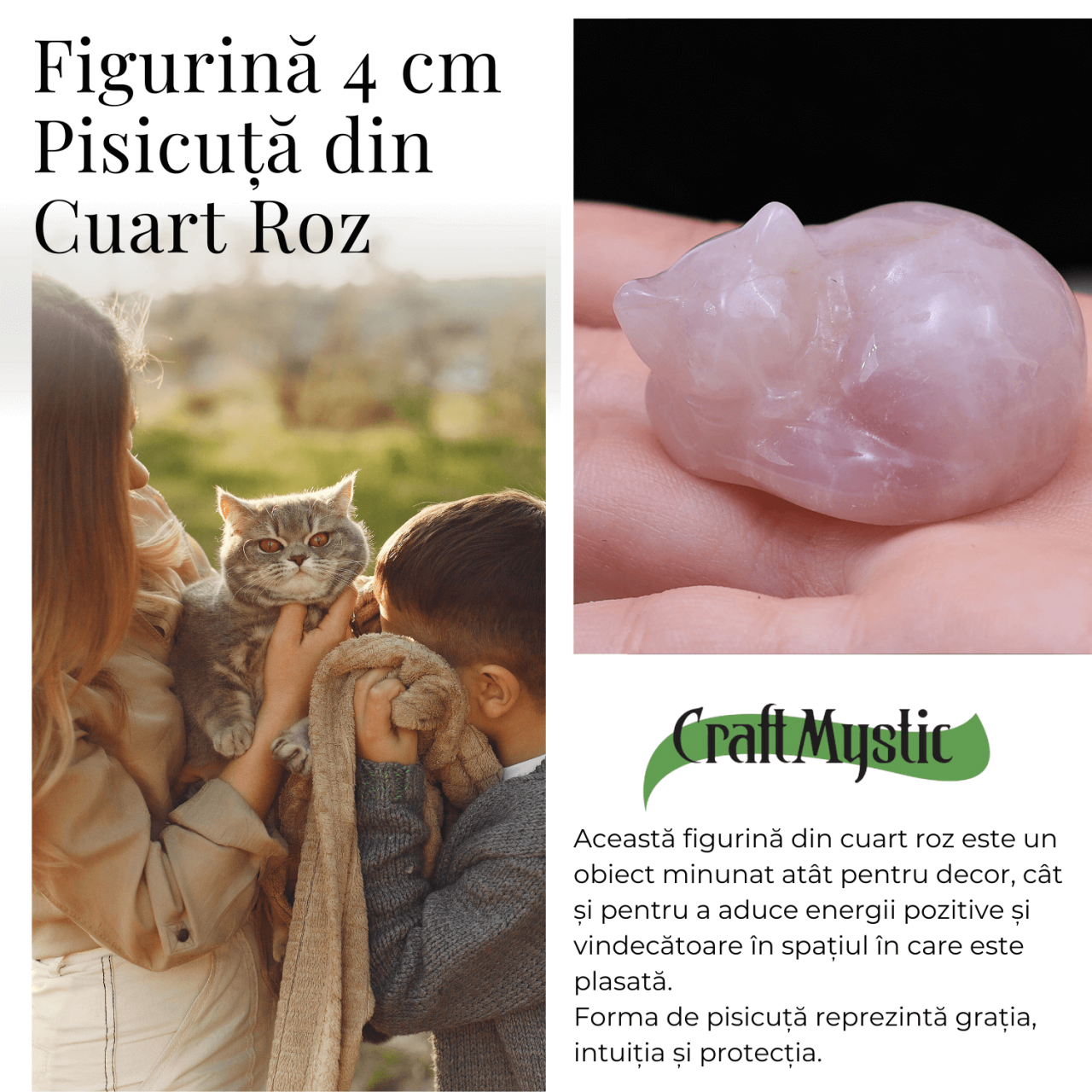 Figurina Pisicuta Adormita 4 cm din Cuart Roz - Iubire si Liniste [2]