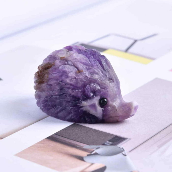 Figurina arici 4cm de cristal semipretios Ametist -Sculptata manual pentru Reiki, decoratiuni interioare [6]