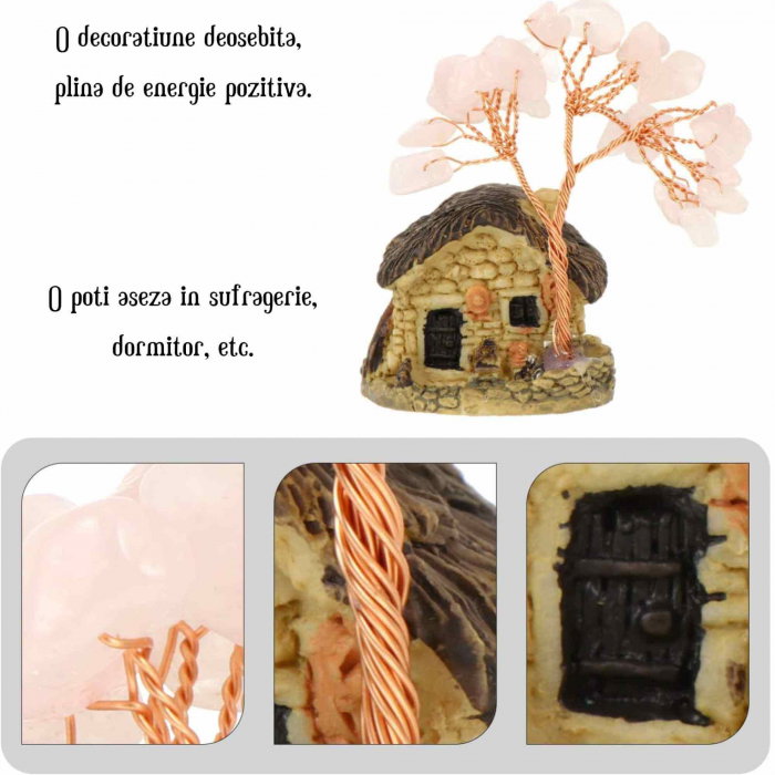 Figurina casuta cu ramuri din cristale naturale Cuart Roz - Decoratiune interior sau exterior, pentru casa, birou, acvariu [4]