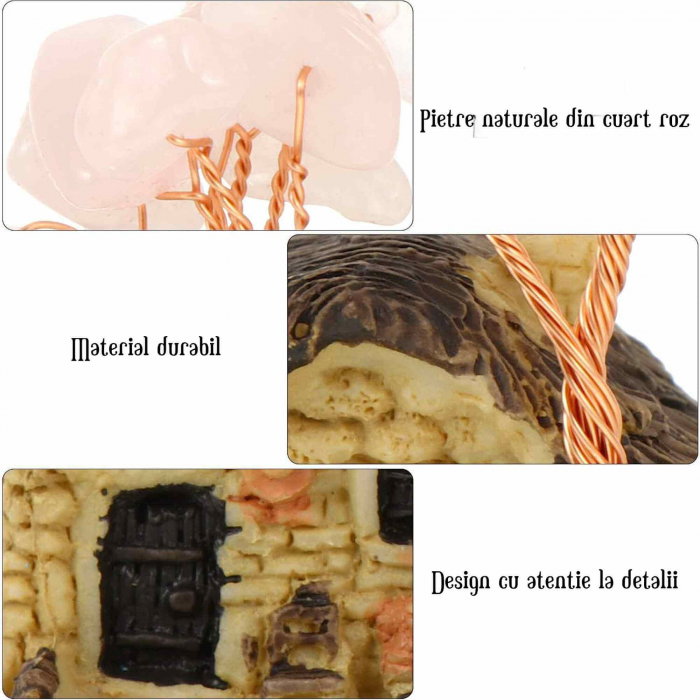 Figurina casuta cu ramuri din cristale naturale Cuart Roz - Decoratiune interior sau exterior, pentru casa, birou, acvariu [3]