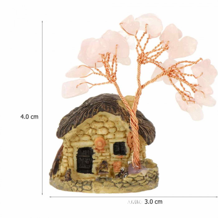 Figurina casuta cu ramuri din cristale naturale Cuart Roz - Decoratiune interior sau exterior, pentru casa, birou, acvariu [2]