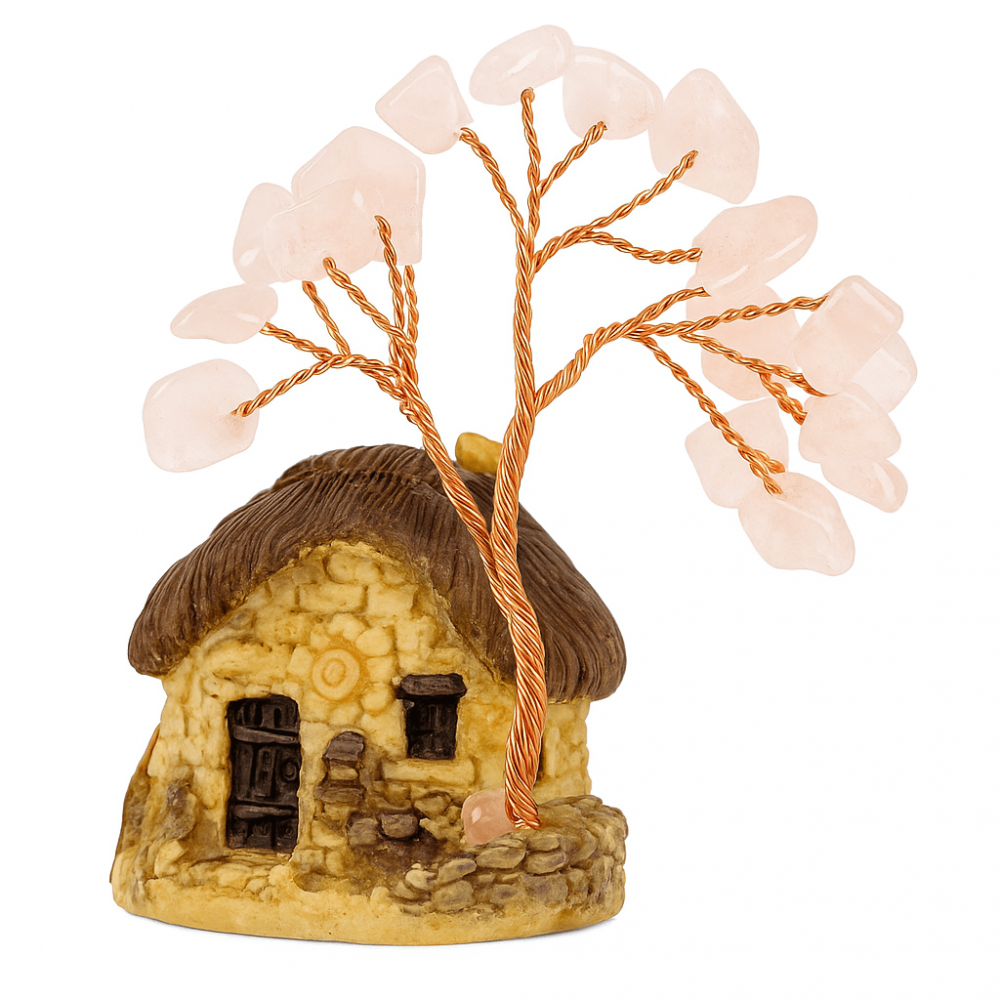 Figurina casuta cu ramuri din cristale naturale Cuart Roz - Decoratiune interior sau exterior, pentru casa, birou, acvariu [1]
