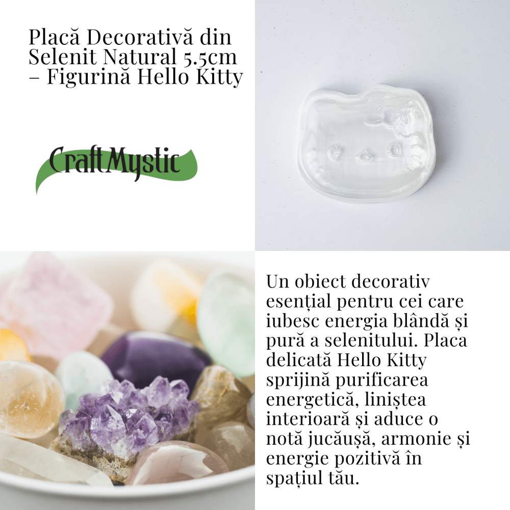 Placa Decorativa din Selenit Natural 5.5cm – Figurina Hello Kitty pentru Purificare si Armonie Energetica [2]