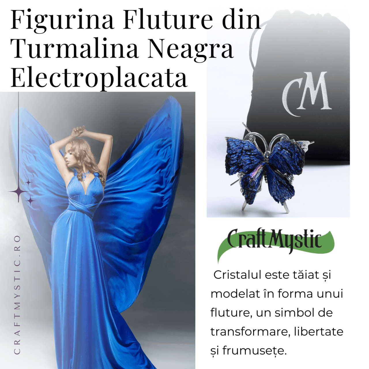 Figurina Fluture din Turmalina Neagra Electroplacata - Protectie si Transformare [5]