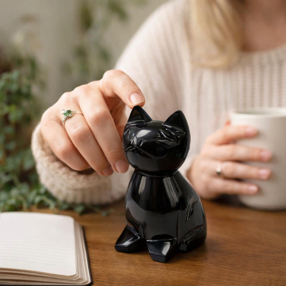 Pisica din Obsidian Negru natural Mexic – protectie Feng Shui, noroc si echilibru energetic [4]