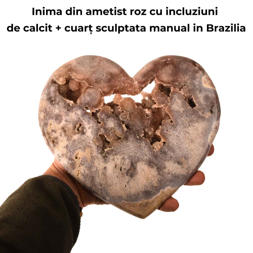 Inima din ametist roz cu incluziuni de calcit si cuart – sculptata manual in Brazilia [2]