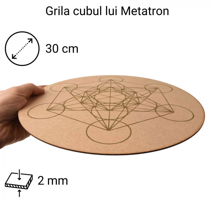Grila din Lemn pentru Cristale cu Modelul Cubului lui Metatron, Diametru 25 cm [2]