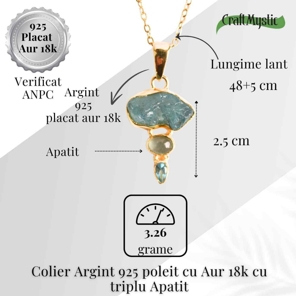 Claritate Mentala si Comunicare Autentica – Colier inox si pandantiv argint 925 placat cu aur de18k si Triplu Apatit [5]