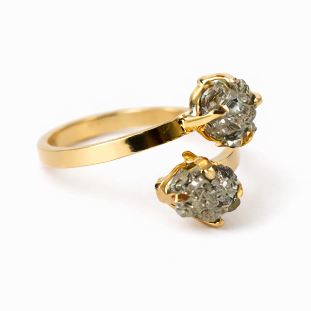 Inel Ajustabil Argint 925 placat cu aur de 18k si Dublu Pirita - Doua pietre, un singur centru interior [1]