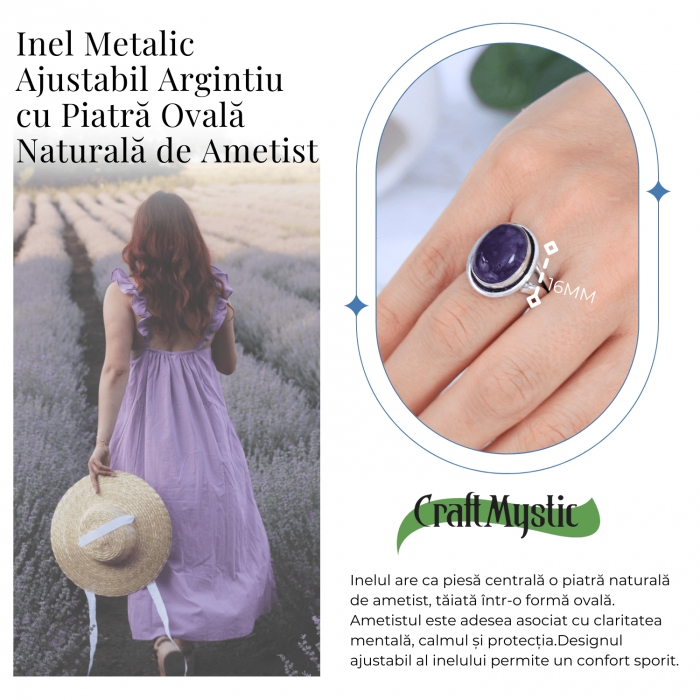 Inel Ajustabil Argintiu cu Ametist Natural, pentru echilibru si claritate [3]