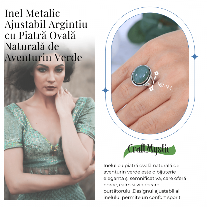 Inel Ajustabil Argintiu cu Aventurin Verde natural oval, pentru noroc si echilibru [4]