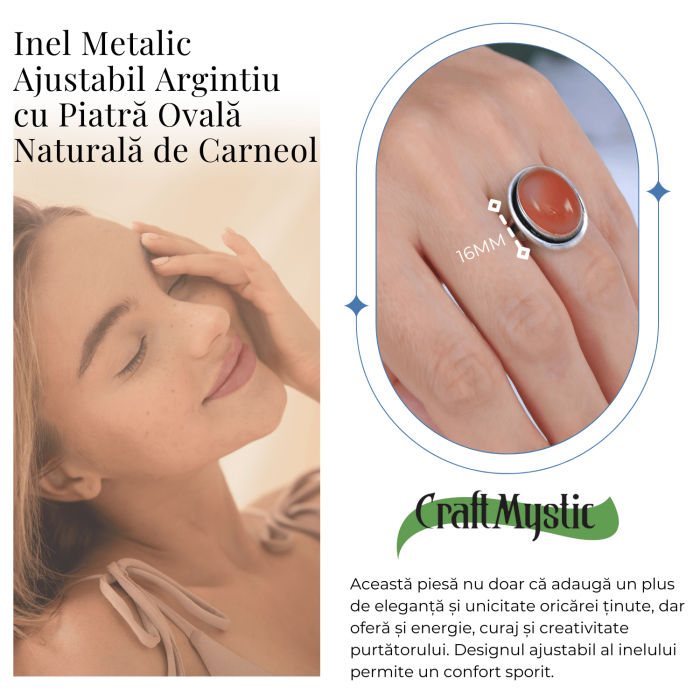 Inel Ajustabil Argintiu cu Carneol Natural, pentru energie si creativitate [3]