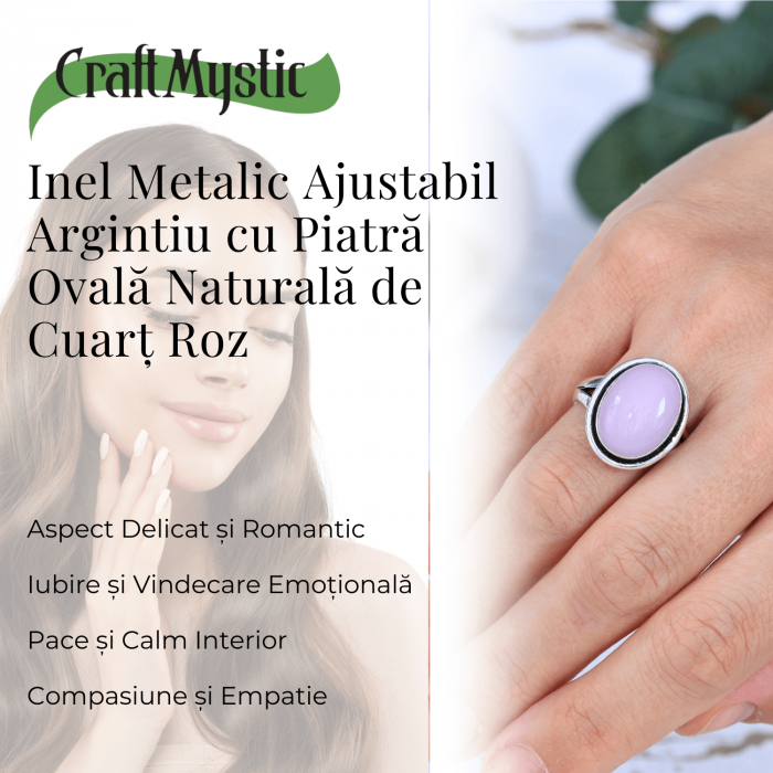 Inel Ajustabil Argintiu cu Cuart Roz natural oval, pentru iubire si armonie [3]