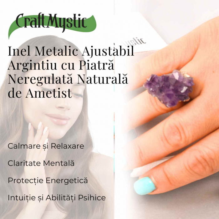 Inel ajustabil argintiu cu piatra naturala cluster Ametist [3]