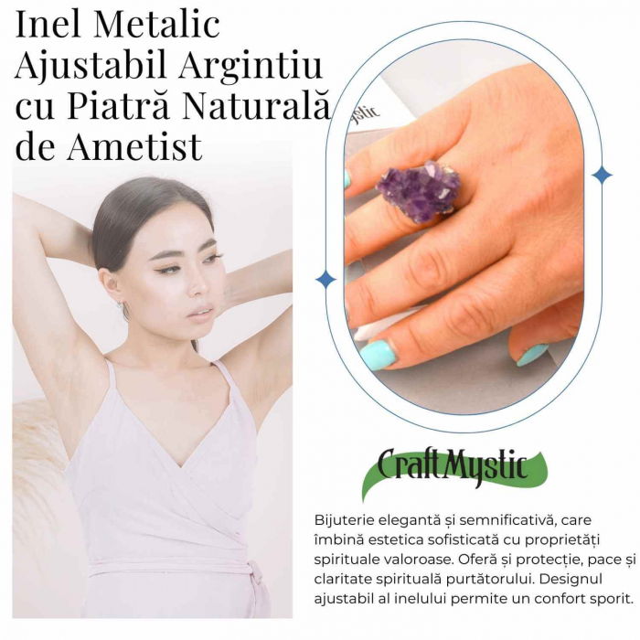 Inel ajustabil argintiu cu piatra naturala cluster Ametist [4]