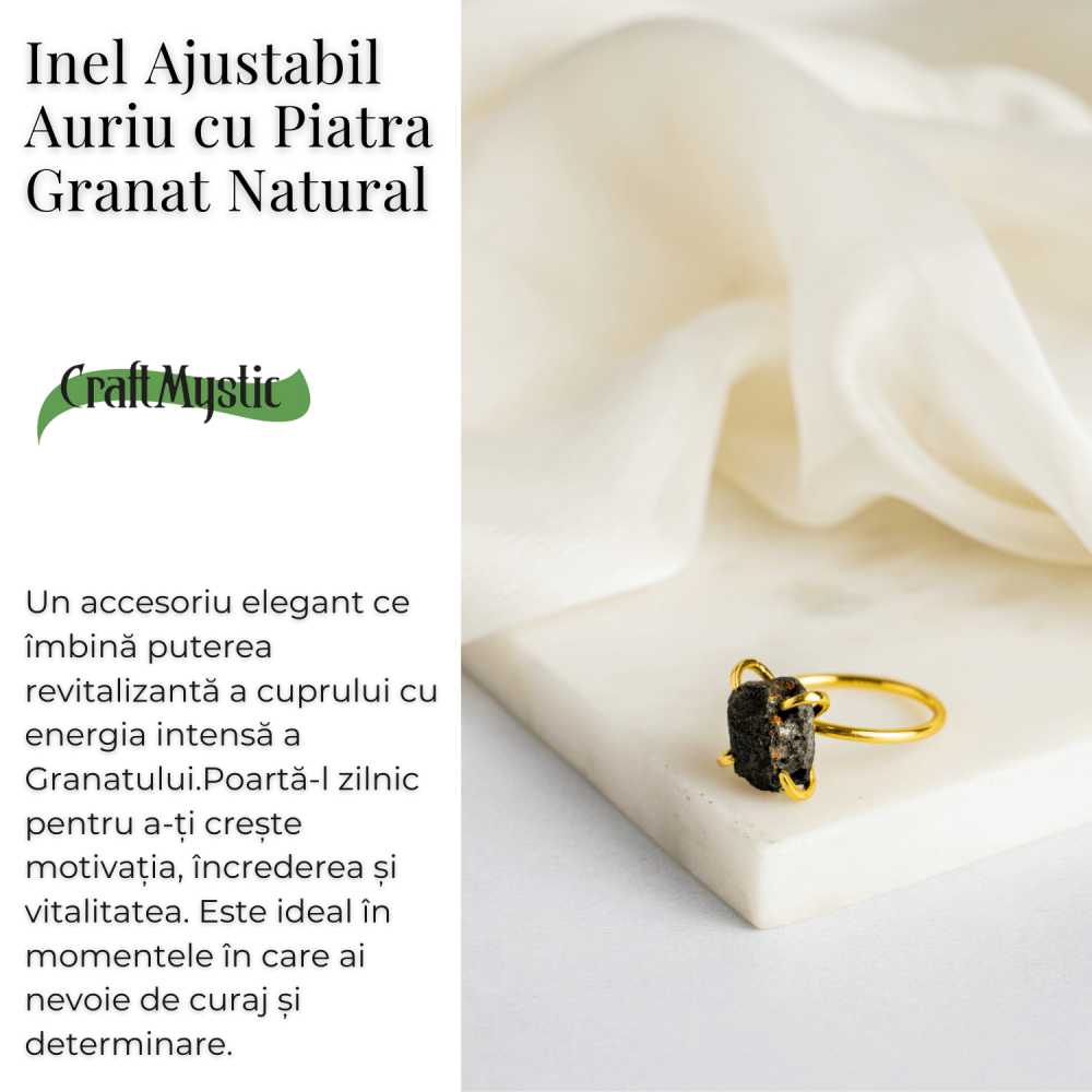 Inel Ajustabil Auriu cu Granat Brut - Putere si Energie Pozitiva [3]