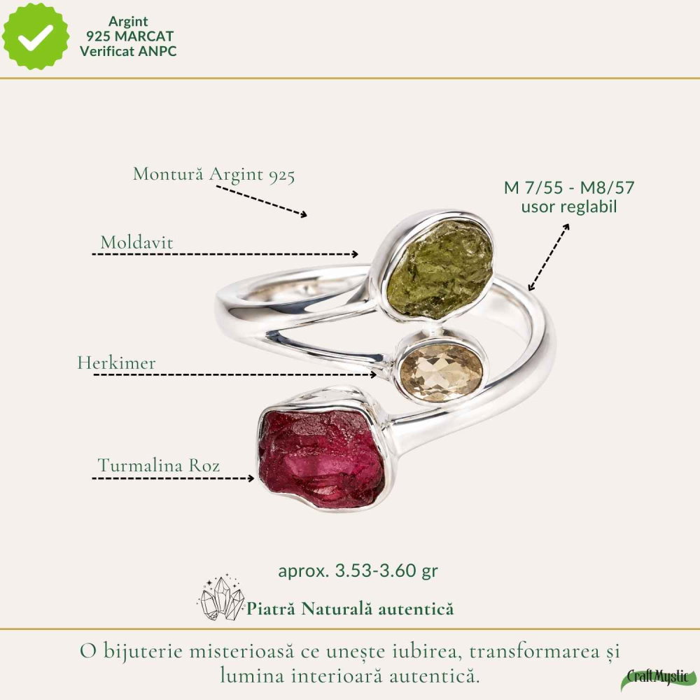 Inel Argint 925 cu Moldavit, Turmalina Roz si Herkimer – Transformare si Echilibru [4]