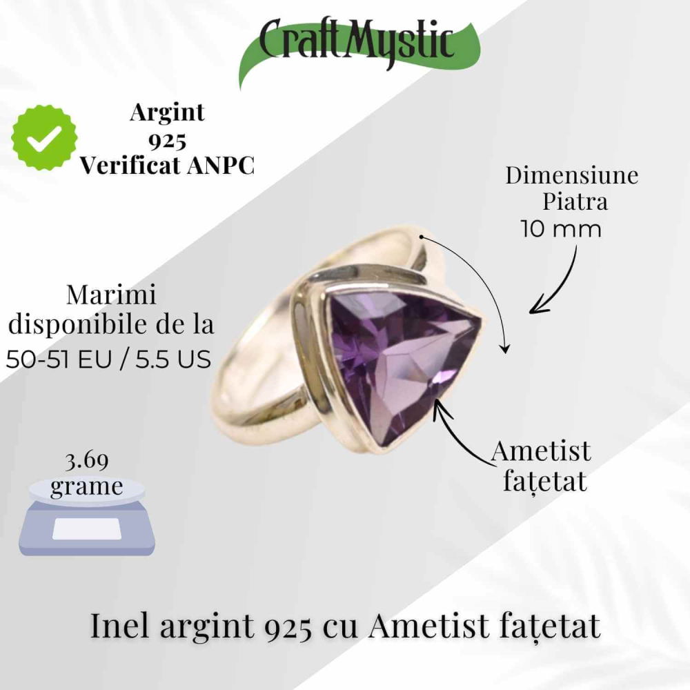 Inel Argint 925 cu Ametist Fatetat Triunghi – Protectie si Claritate Spirituala [5]
