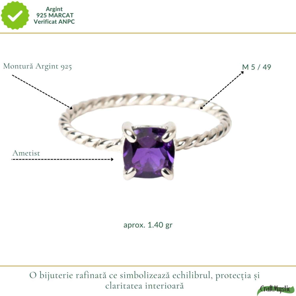 Inel Argint 925 Rasucit cu Ametist Natural Patrat Fatetat – Echilibru ai Claritate [4]