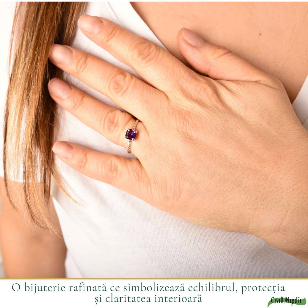 Inel Argint 925 Rasucit cu Ametist Natural Patrat Fatetat – Echilibru ai Claritate [2]