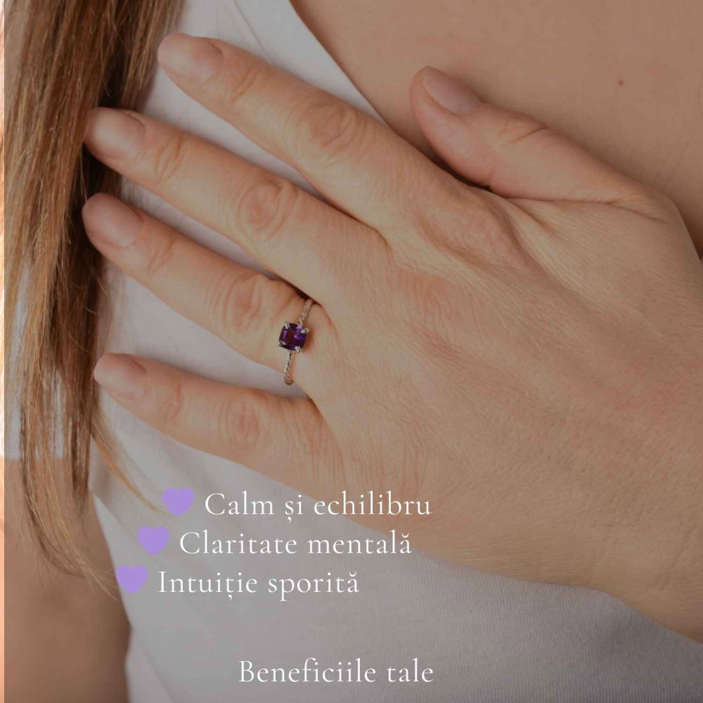 Inel Argint 925 Rasucit cu Ametist Natural Patrat Fatetat – Echilibru ai Claritate [3]