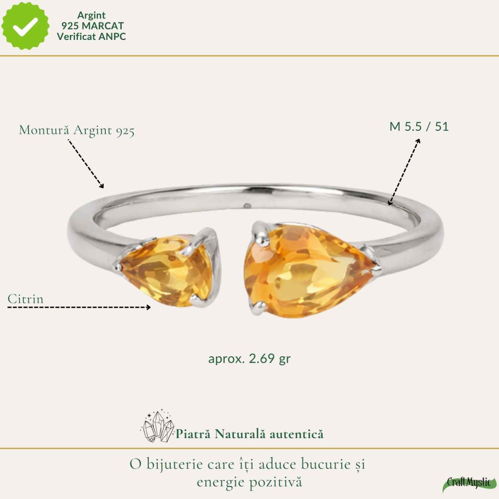 Inel argint 925 cu Citrin dublu lacrima – prosperitate si energie pozitiva [4]