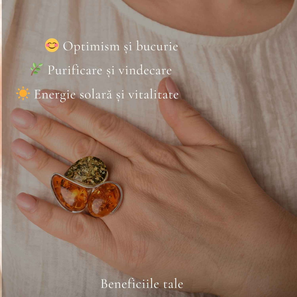 Inel Argint 925 cu Chihlimbar Coniac si Verde Floare – Caldura si Feminitate Naturala [3]