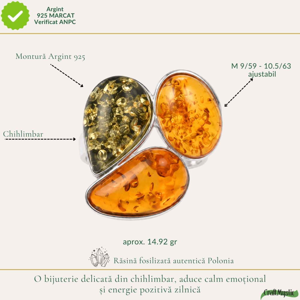 Inel Argint 925 cu Chihlimbar Coniac si Verde Floare – Caldura si Feminitate Naturala [4]