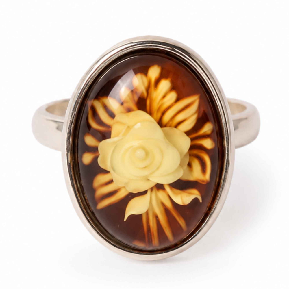 Inel Argint 925 cu Chihlimbar Verde Oval si Trandafir sculptat– Eleganta si Energie Naturala [1]