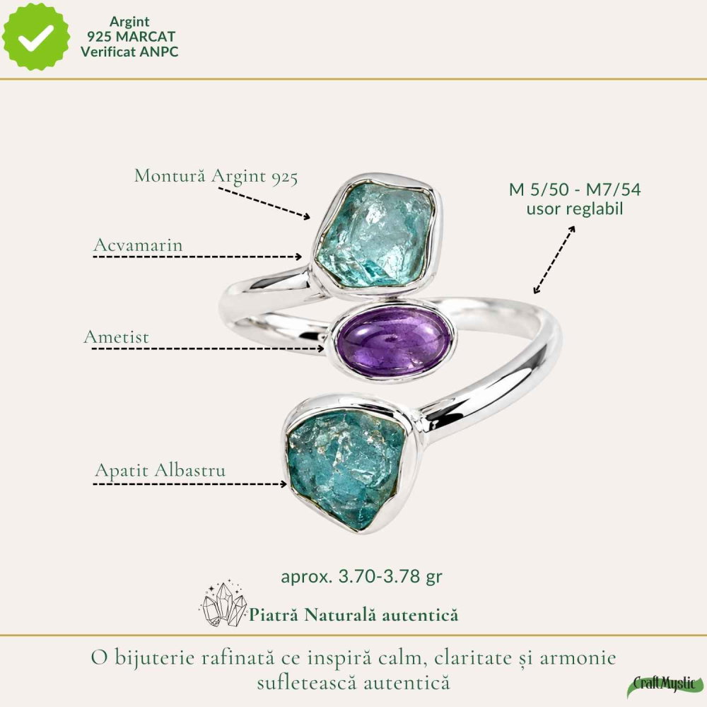 Inel Argint 925 cu Acvamarin, Ametist si Apatit Albastru – Claritate si Calm [4]