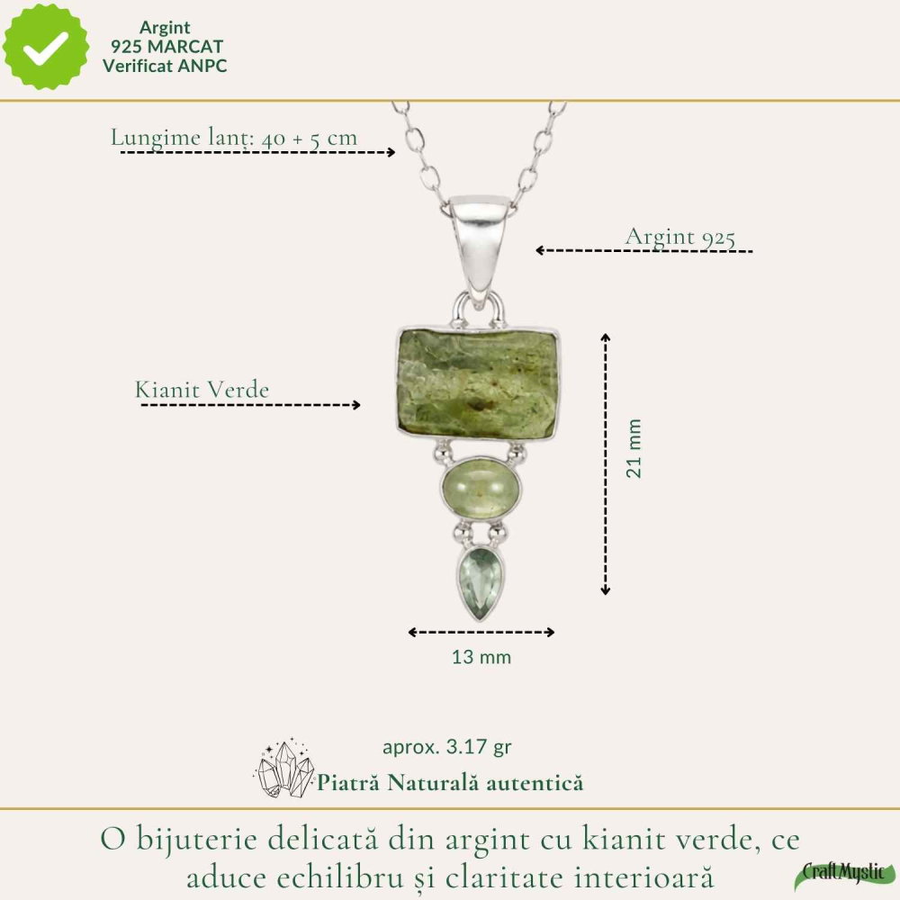 Colier Argint 925 cu Triplu Kianit Verde – Echilibru si Claritate Interioara [4]