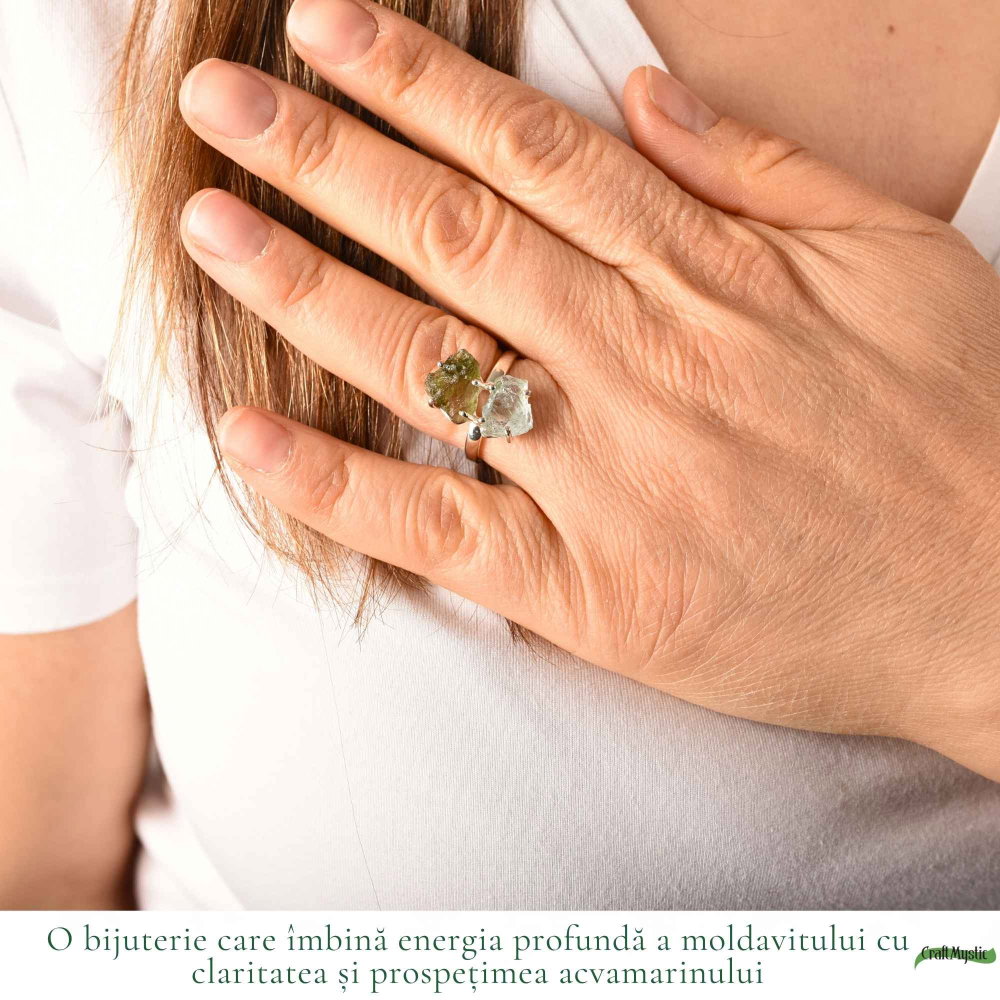 Inel argint 925 cu Moldavit si Acvamarin neuniform, M8/56.5 – transformare si claritate [2]