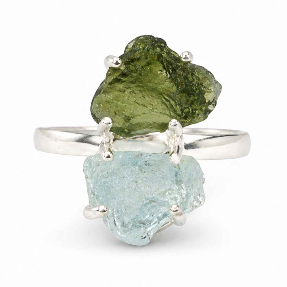 Inel argint 925 cu Moldavit si Acvamarin neuniform, M8/56.5 – transformare si claritate [1]