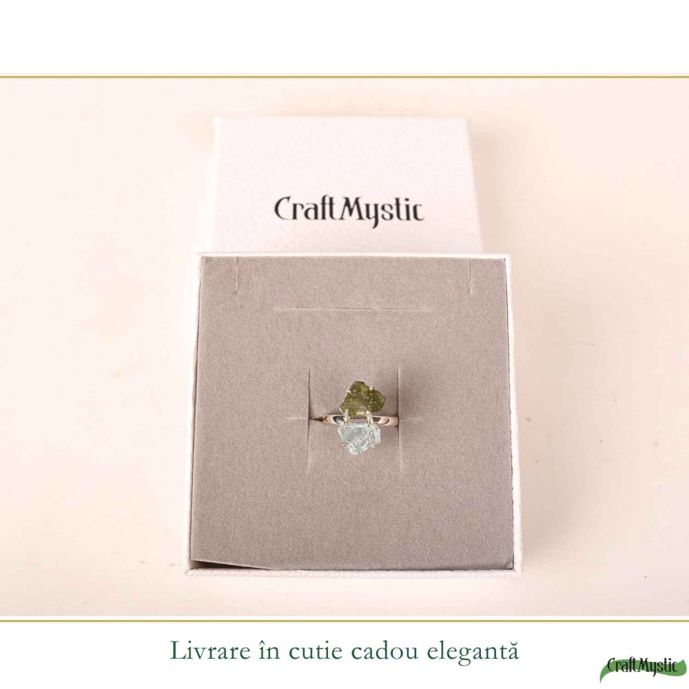 Inel argint 925 cu Moldavit si Acvamarin neuniform, M8/56.5 – transformare si claritate [6]