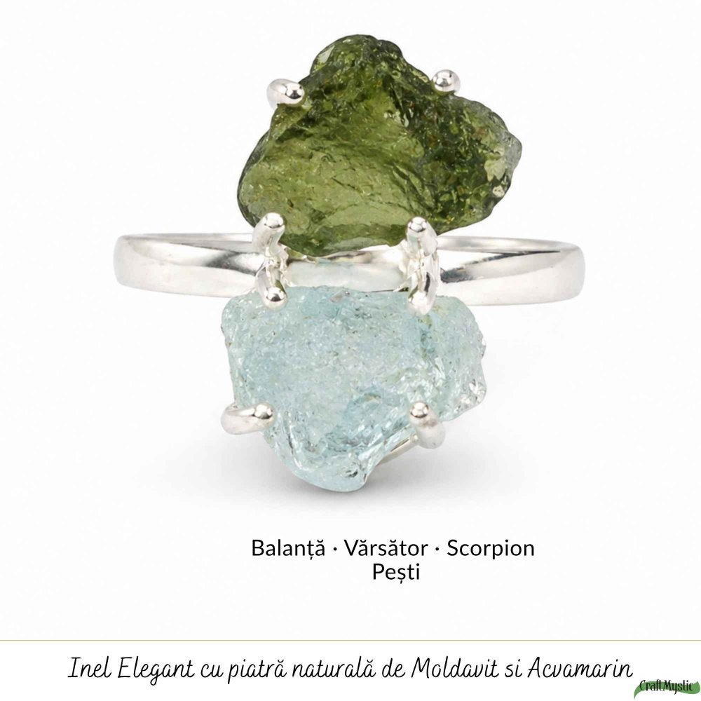 Inel argint 925 cu Moldavit si Acvamarin neuniform, M8/56.5 – transformare si claritate [5]