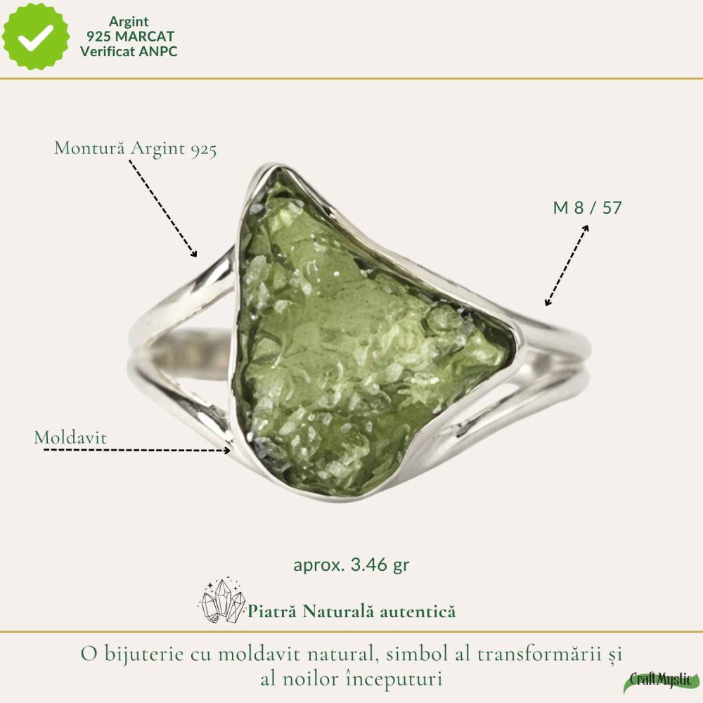 Inel Argint 925 cu Moldavit Natural Brut, M8/57– Energie Inalta si Transformare Spirituala [4]