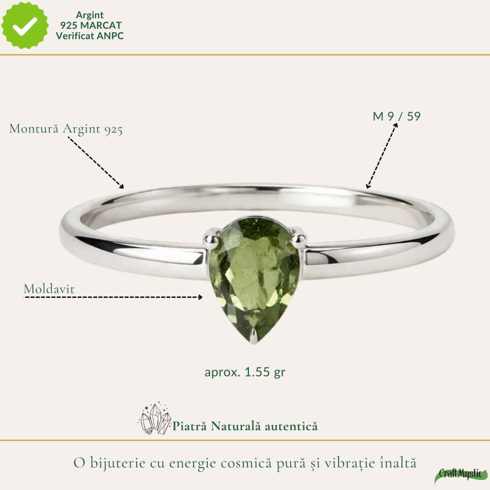 Inel Argint 925 cu Moldavit Fatetat Lacrima – Claritate si Transformare [4]