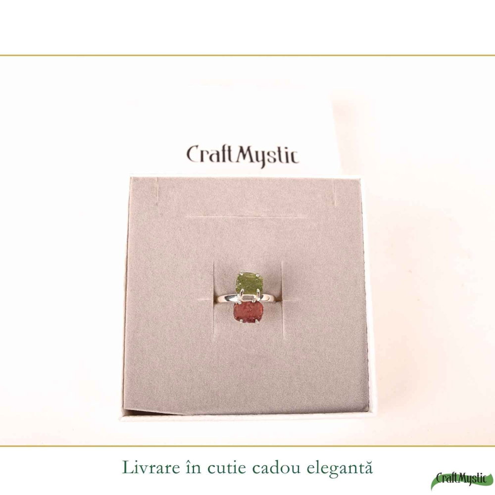 Inel argint 925 cu Moldavit si Granat neuniform, M8.5/58 – curaj si transformare [6]