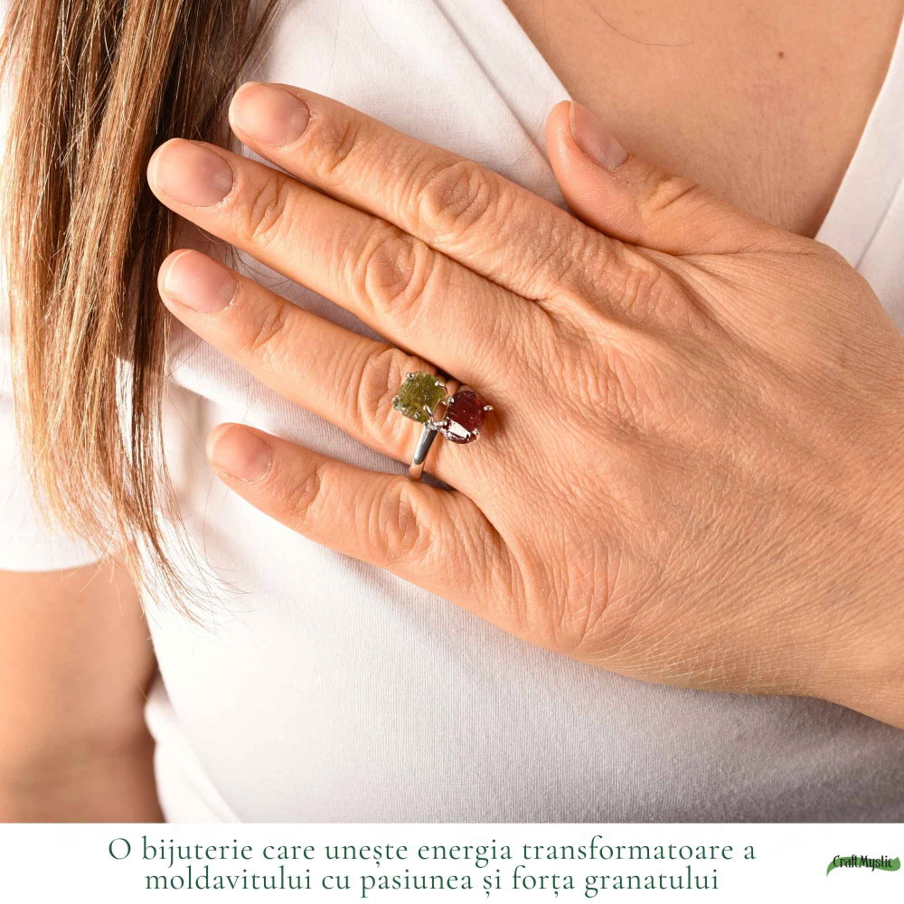 Inel argint 925 cu Moldavit si Granat neuniform, M8.5/58 – curaj si transformare [2]