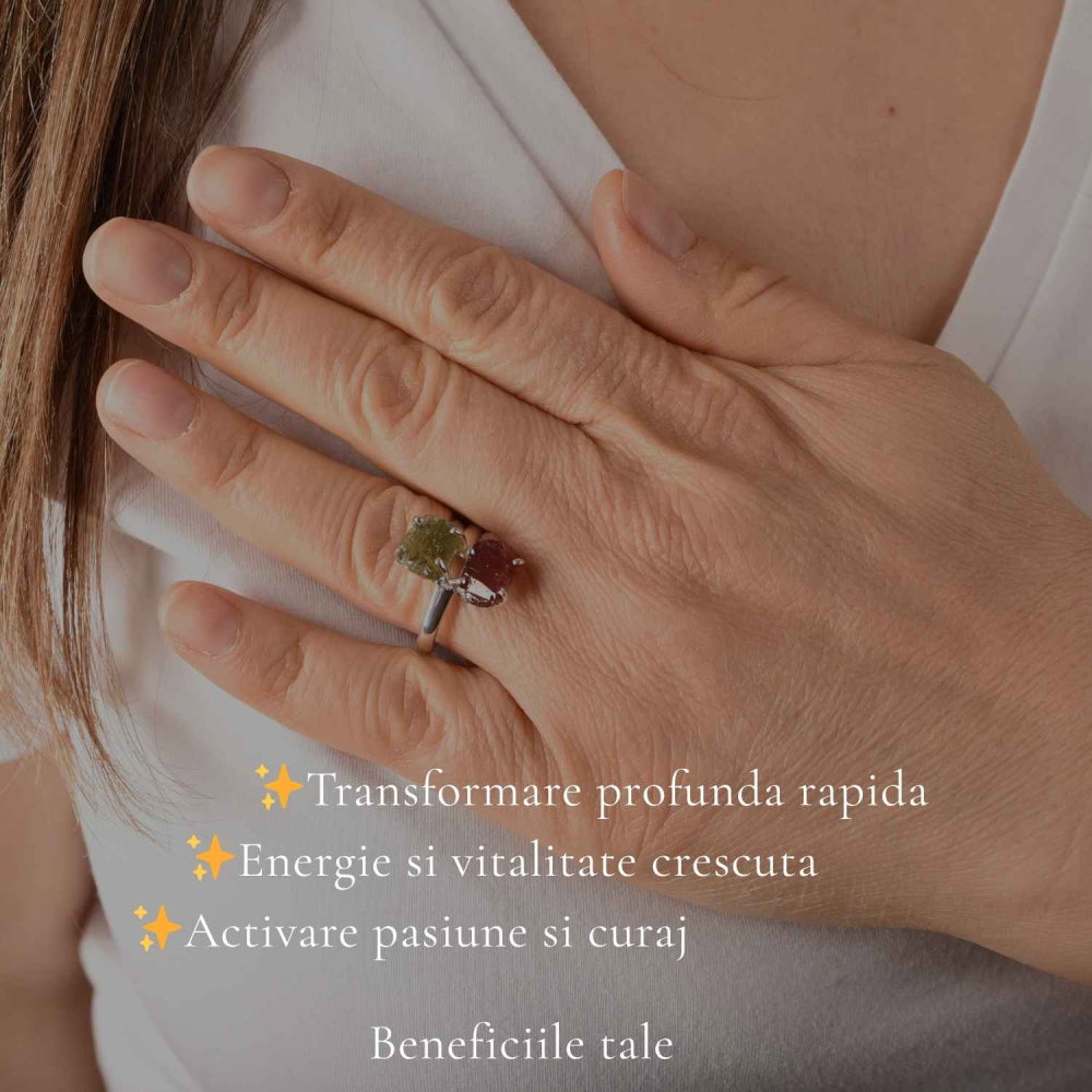 Inel argint 925 cu Moldavit si Granat neuniform, M8.5/58 – curaj si transformare [3]