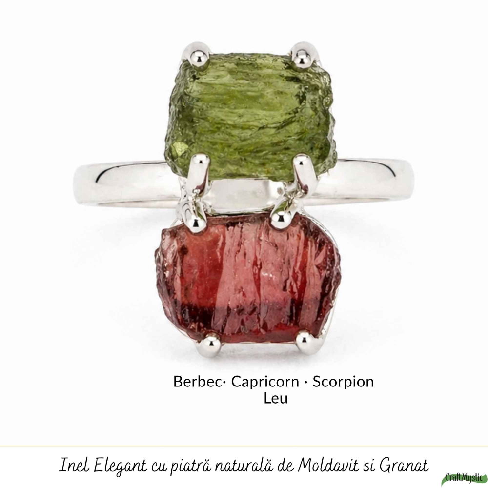 Inel argint 925 cu Moldavit si Granat neuniform, M8.5/58 – curaj si transformare [5]