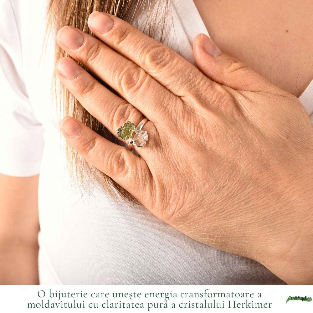 Inel argint 925 cu Moldavit si Herkimer, M7/54 – claritate si transformare profunda [2]