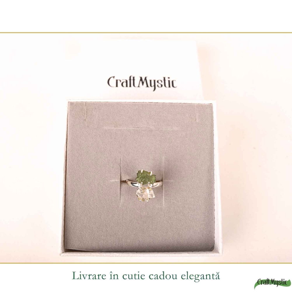 Inel argint 925 cu Moldavit si Herkimer, M7/54 – claritate si transformare profunda [6]