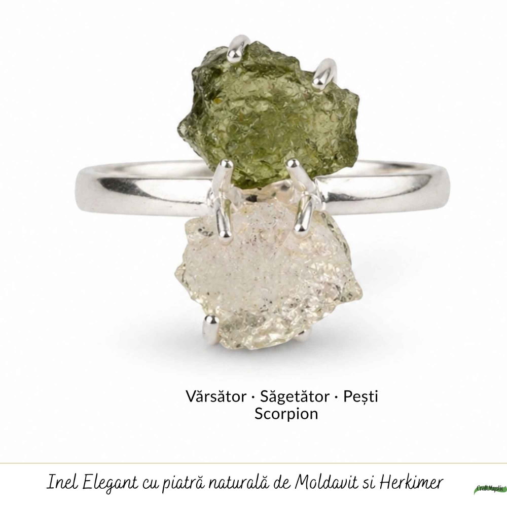 Inel argint 925 cu Moldavit si Herkimer, M7/54 – claritate si transformare profunda [5]