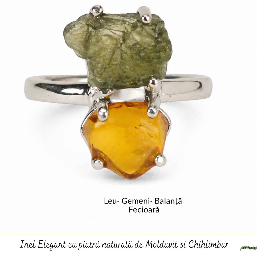 Inel argint 925 cu Moldavit si Chihlimbar – echilibru si energie calda [5]